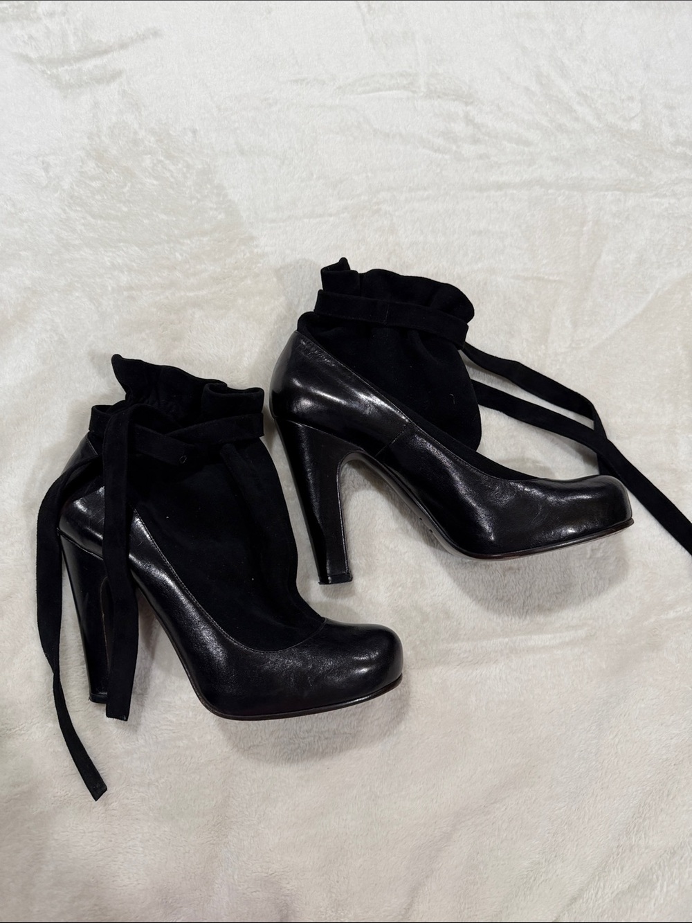 Marc by Marc Jacobs Black Leather & Suede Ankle Tie Heeled Boots